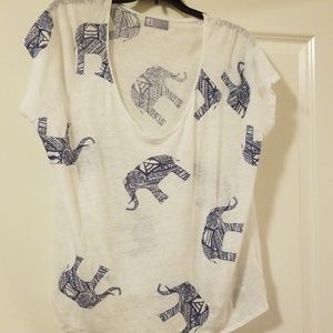 JCP White Linen Top with Blue Elephants